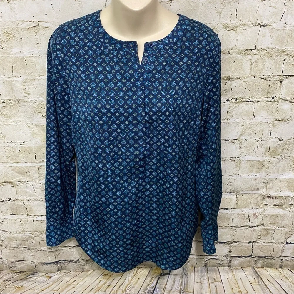 J Crew Blue Floral Print Drapey Henley Tunic Top